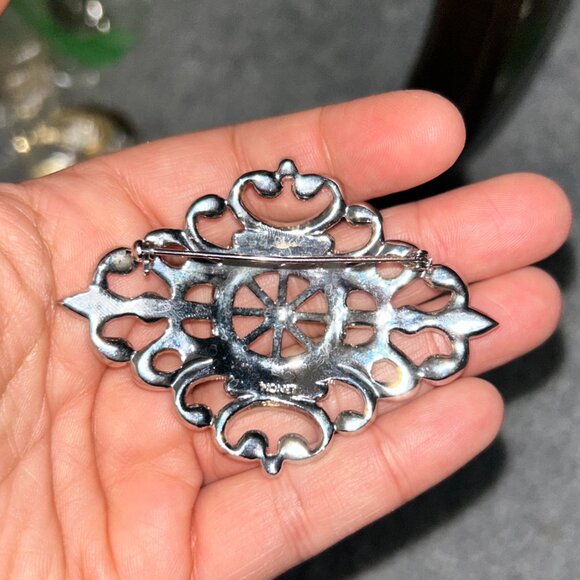 Vintage Monet Silver Tone Clear Rhinestone Lacy Filigree 2.75" Brooch - Picture 12 of 12